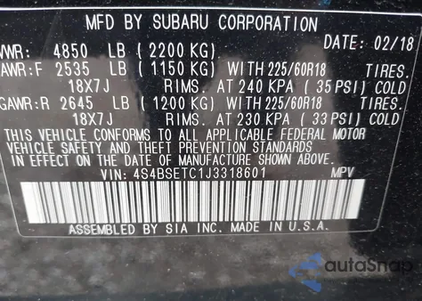 2018 Subaru Outback 3.6R Touring из США, поврежденный, VIN 4S4BSETC1J3318601